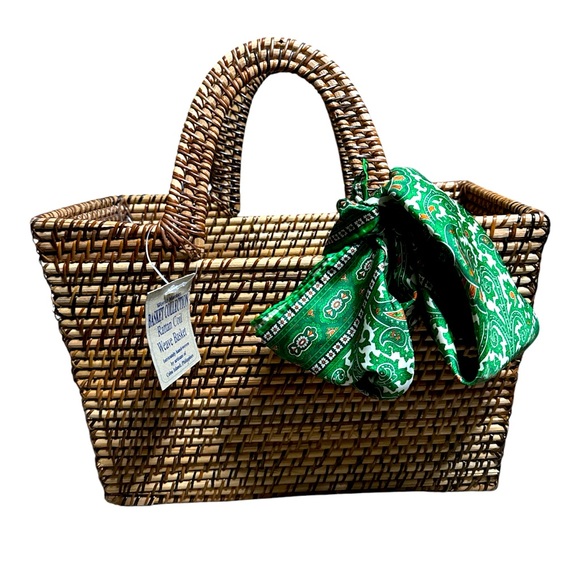Handbags - Woven Basket with Green Scarf Accent